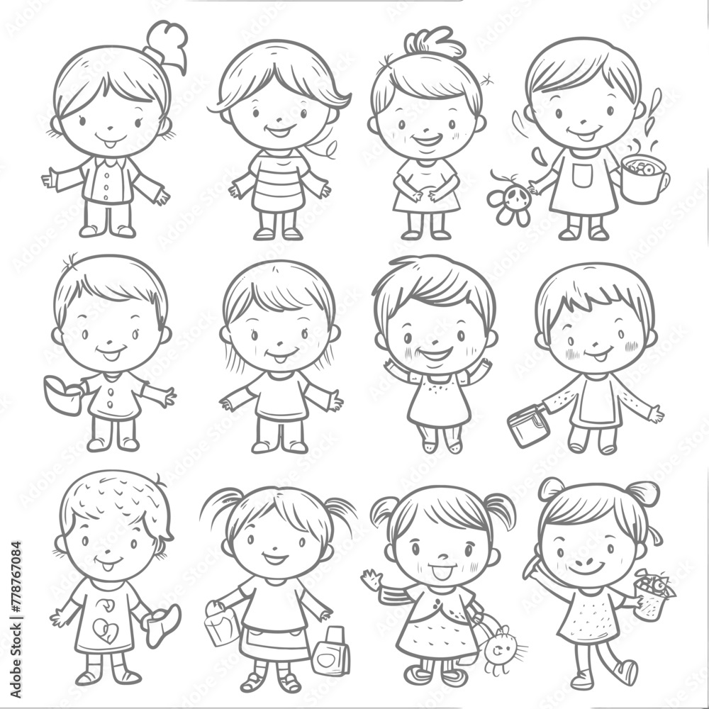 well hand drawing cute kids set doodle style illustration black color only well hand drawing cute kids set doodle style illustration black color only