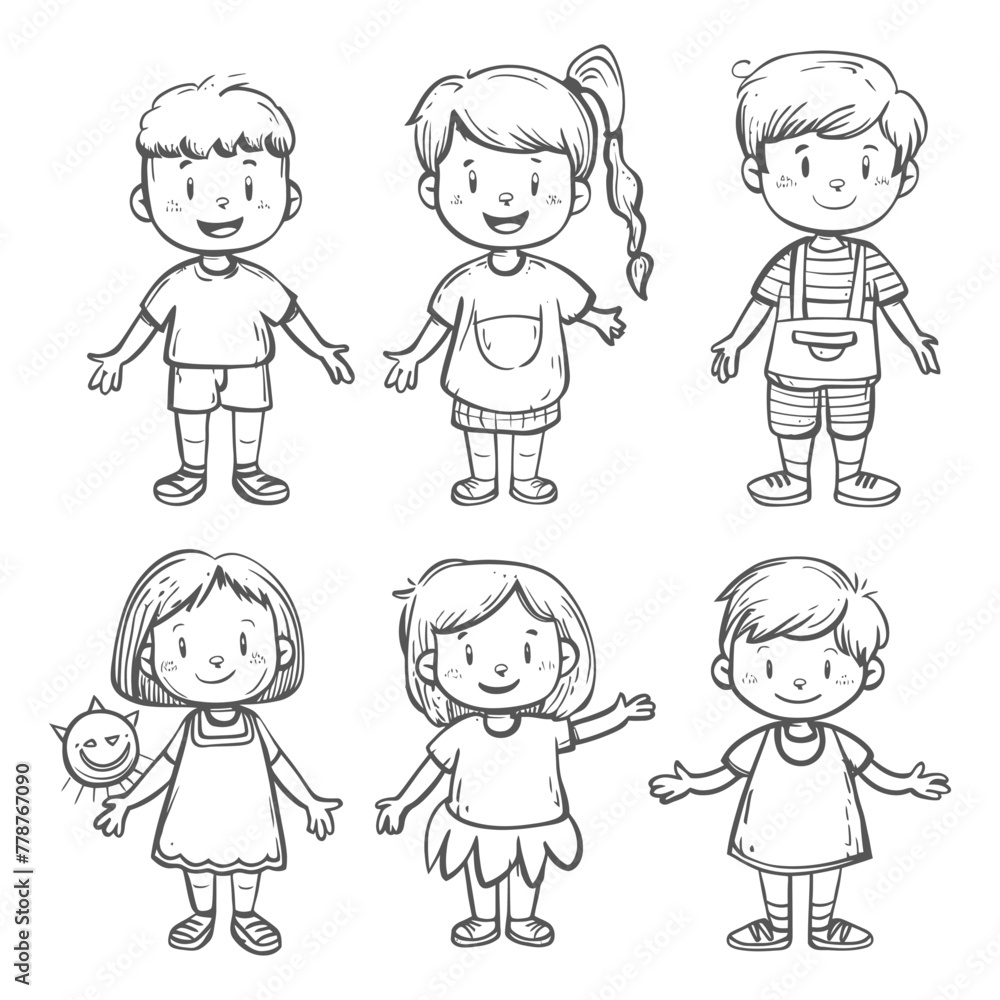 well hand drawing cute kids set doodle style illustration black color only well hand drawing cute kids set doodle style illustration black color only