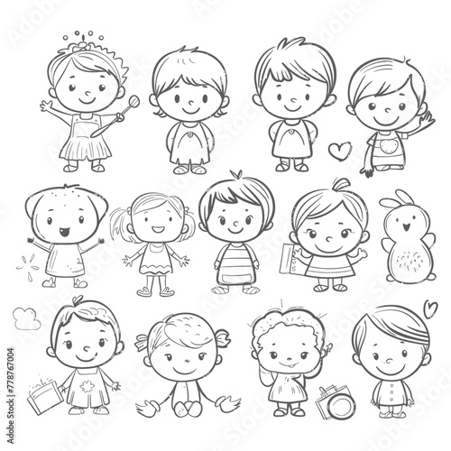 well hand drawing cute kids set doodle style illustration black color only