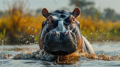 Hippo soaking in water. Hippopotamus looking at the camera. © pengedarseni