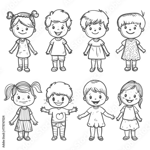 well hand drawing cute kids set doodle style illustration black color only