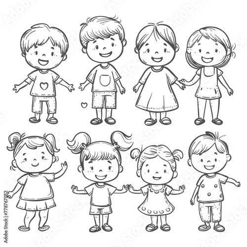well hand drawing cute kids set doodle style illustration black color only