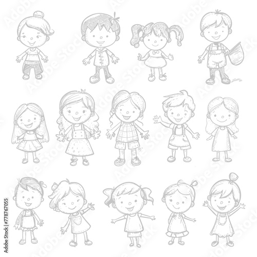 well hand drawing cute kids set doodle style illustration black color only
