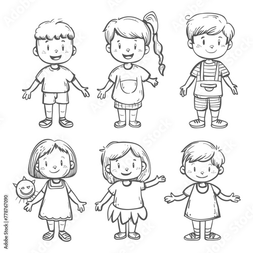 well hand drawing cute kids set doodle style illustration black color only