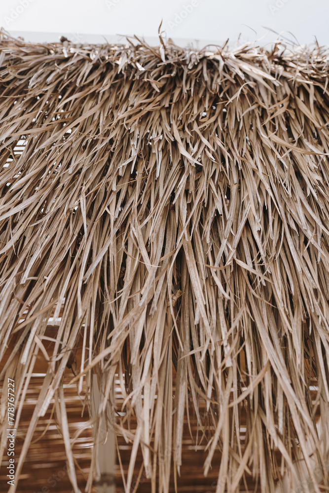 Beautiful lounge pavilion canopy for relax. Tent made of dry thatch straw. Luxury summer vacation in tropical paradise resort hotel Beautiful lounge pavilion canopy for relax. Tent made of dry thatch straw. Luxury summer vacation in tropical paradise resort hotel