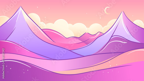 Mountain evening or sunset landscape of purple pink gradient color. Hand drawn scape with smooth dunes, mountain peaks, clouds and crescent on sky. Vector horizontal banner, abstract design.