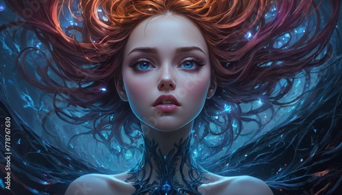 A surreal beauty with red hair and a tattoo-like bodice is submerged in an underwater dreamscape, highlighted by a luminous blue glow.. AI Generation photo