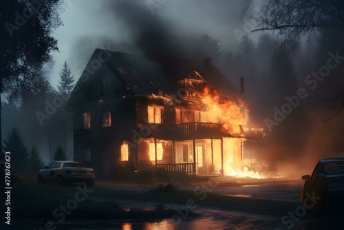 Blazing House Fire at Dusk with Vehicles Nearby