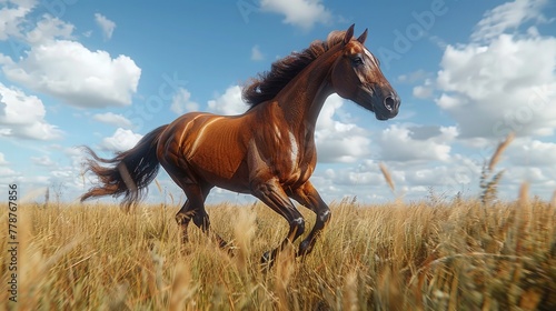 Exotic brown horse is running on dry grass field. Photo of a running horse.