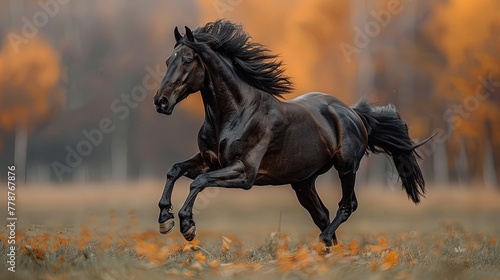 A bay Thoroughbred horse gallops. Photo of a running horse. © pengedarseni