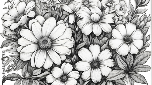 Black and white hand drawn flowers on a white background