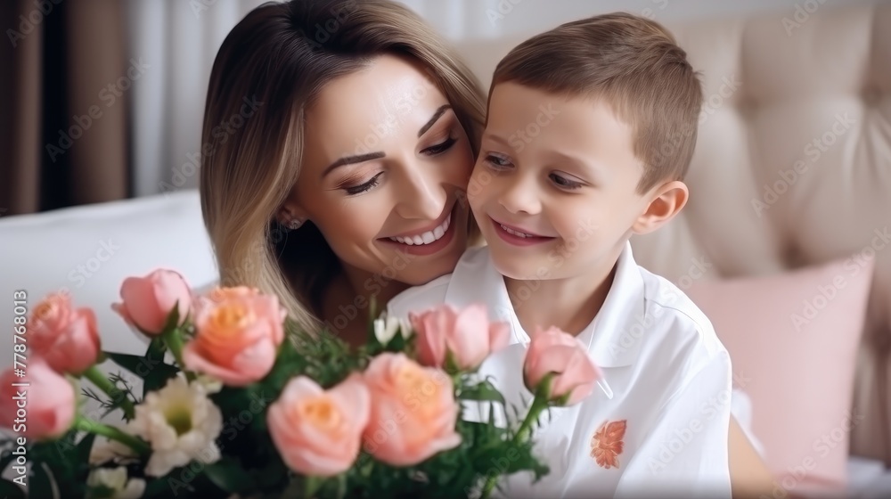 Son Gives Joyful Mother Flowers on Mother's Day Son Gives Joyful Mother Flowers on Mother's Day