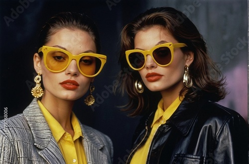 Girls in sunglasses and leather jackets against the backdrop of the city.