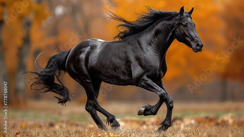 A majestic black horse gallops freely through the untamed wilderness. Photo of a running horse. © pengedarseni