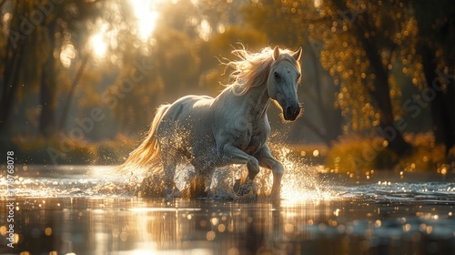 A majestic white horse gallops freely through the untamed wilderness. Photo of a running horse. © pengedarseni