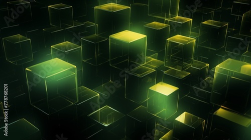 Abstract Digital 3D Cubes Glowing in a Green Neon Grid