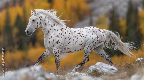 A spotted Appaloosa horse trots proudly along a rocky trail. Photo of a running horse.