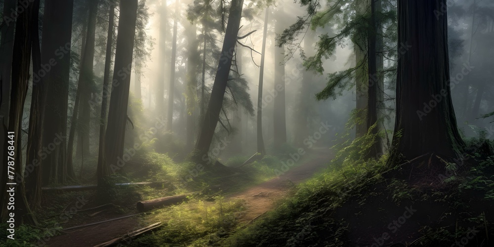 Mystical Sunbeams Filtering Through a Misty Forest Path