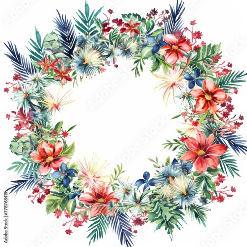 Festive New Year's wreath with fireworks and flowers, on white background