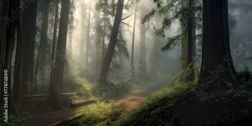 Mystical Sunbeams Filtering Through a Misty Forest Path