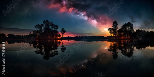 Starry Night Sky with Reflective Lake and Silhouetted Trees