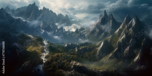 Majestic Mountain Peaks with Mist and a Winding River © CreativeCanvas