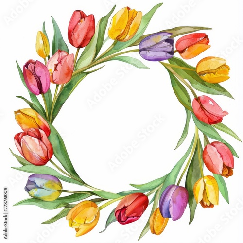 Spring tulip wreath  watercolor  bright colors on a white background