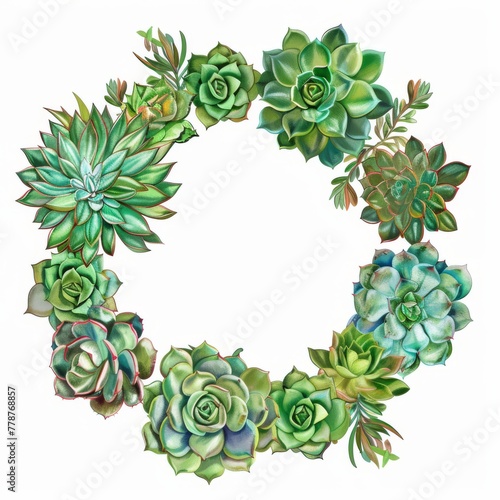 Succulent plant wreath, detailed vector art, vivid on white background