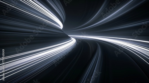 very sleek abstract curved white led lines side by side with perspective motion blur and long exposure on dark background