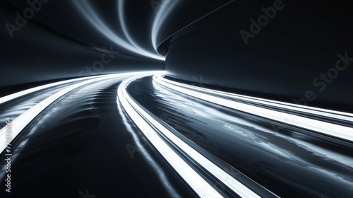 very sleek abstract curved white led lines side by side with perspective motion blur and long exposure on dark background © paisorn