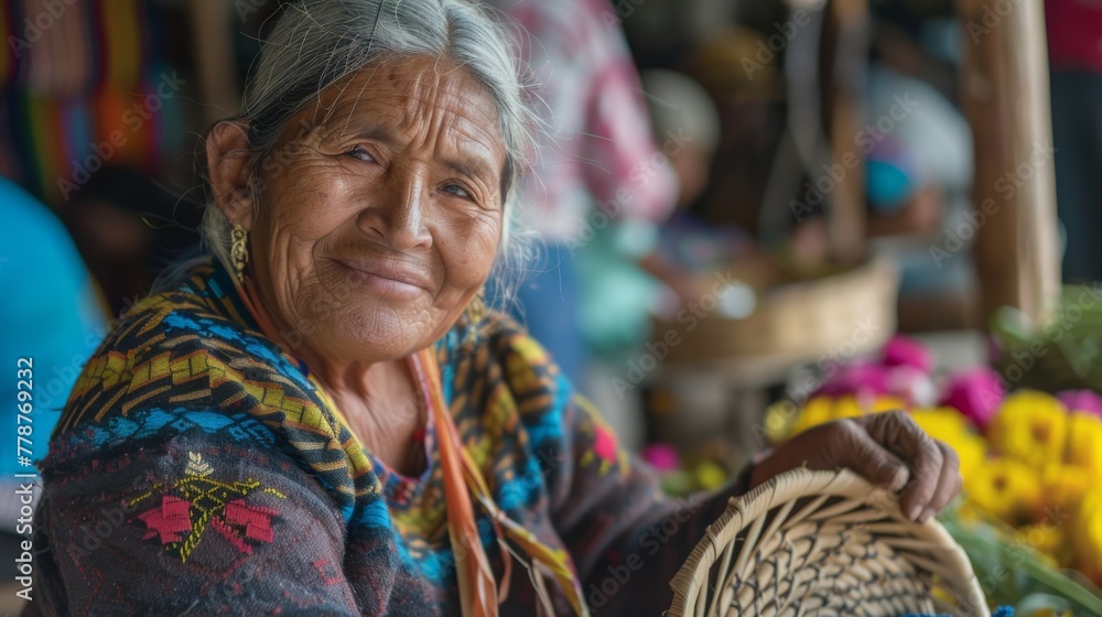 An older woman smiles as she works on traditional handicrafts wearing a colorful shawl