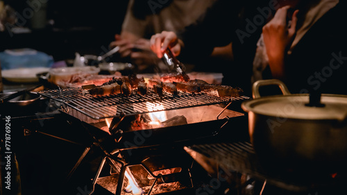 BBQ in camping. concept of Travel and relaxing in holiday.