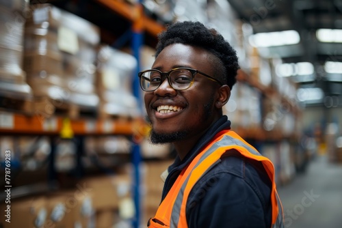 A cheerful male warehouse worker smiles confidently in his work environment