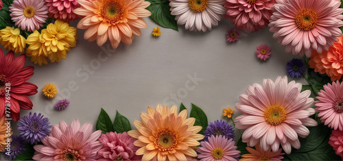 Red, pink and yellow flowers blossom isolated on white background, for congratulation, greeting, invitation cards. Spring backdrop, top view