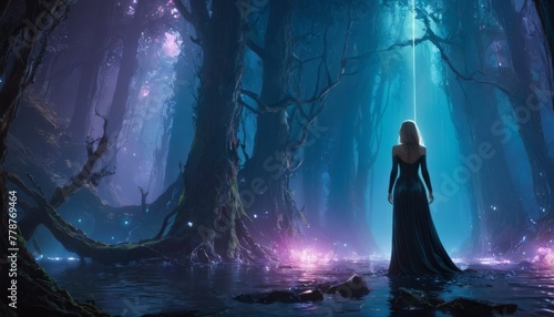A woman in a long gown stands amid a mystical forest, bathed in ethereal lights and surrounded by towering ancient trees reflecting in the water.. AI Generation