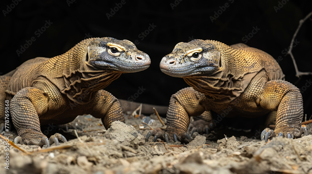 Obraz premium A pair of Komodo dragons. Komodo in a Natural Habitat Adventure. Close-up photo.