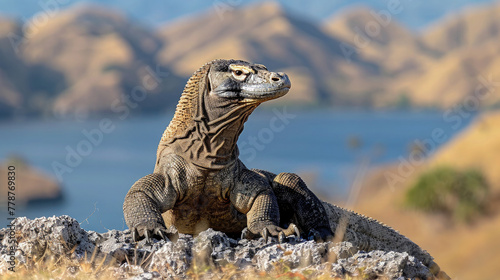 Komodo dragon on a cliff. Komodo in a Natural Habitat Adventure. Close-up photo.