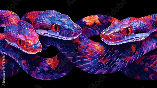 Several exotic beautiful snakes close up. Poisonous dangerous reptile.