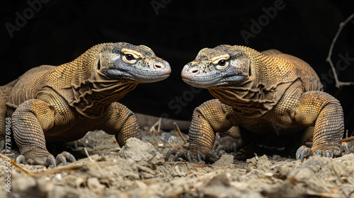 A pair of Komodo dragons. Komodo in a Natural Habitat Adventure. Close-up photo. © pengedarseni
