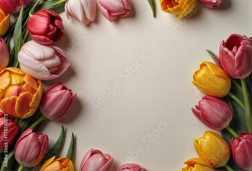 Red, pink and yellow tulips blossom isolated on white background, for invitation, congratulation, greeting card. Spring backdrop, top view #778769875