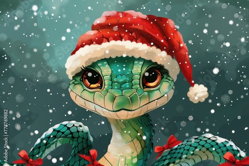 Cute friendly baby snake wearing a New Year's hat against the background of snow and Christmas tree branches. Exotic reptile. Symbol of the year. © Boomanoid