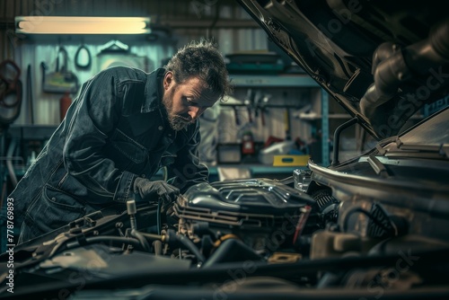 An experienced mechanic is deeply focused on repairing a car engine inside a well-equipped automotive workshop