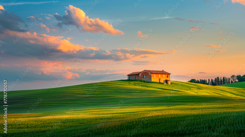 Picturesque landscape with an old house standing tall amidst a lush green landscape at evening. Picturesque landscape with an old house standing tall amidst a lush green landscape at evening.