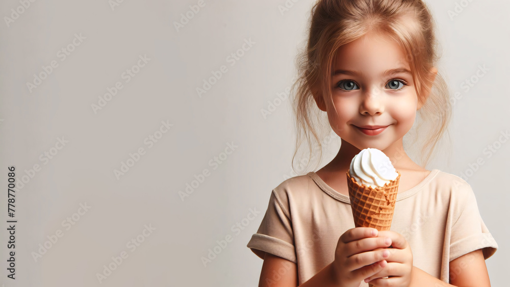 A young girl is holding a white ice cream cone. She is smiling and looking at the camera A young girl is holding a white ice cream cone. She is smiling and looking at the camera