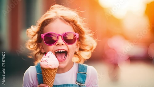 Cool little girl with icecream on summer holiday. A little child in sunglasses enjoy eating ice cream in a waffle and playful at the beach on summer day	 photo