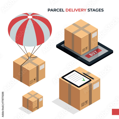 Set of four isolated isometric gadget delivery stages images online order parachute shipping receipt and unpacking