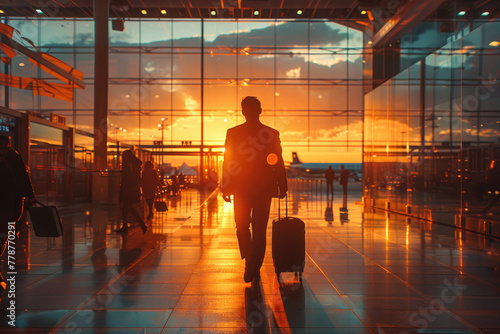 Silhouette of a male traveler pulling a suitcase walking in an airport terminal with a vibrant sunset in the background photo