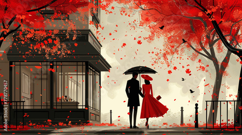 illustration couple at a rainiy day in cartoon style photo