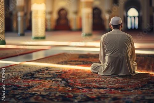Warm sunlight bathes the mosque's interior as a man sits in quiet contemplation on the vibrant carpets, reflecting a moment of calm and spirituality