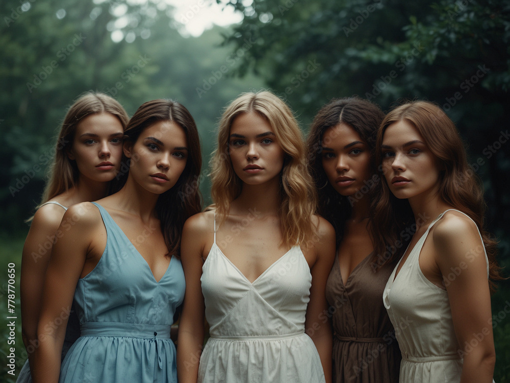 Diverse Beauty, Captivating Group Portrait of Ladies with Black and White Skin Tones Diverse Beauty, Captivating Group Portrait of Ladies with Black and White Skin Tones